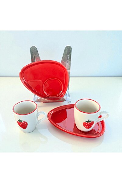 homeınn Strawberry Patterned Set of 2 Ceramic Coffee Cups – with Red Oval Presentation Plate, Stylish and Decorative