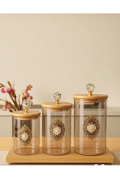 Qerhome Borosilicate Glass Amber Jar Set with Bamboo Stand Rpyal Rose 350-400-500 ml