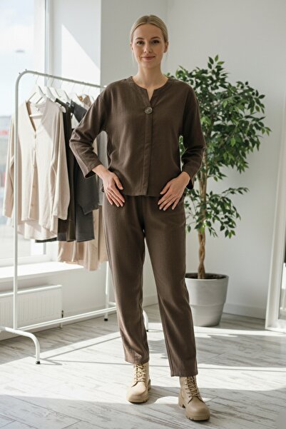 Chiccy Italian Brown Long Sleeve Elastic Waist Slim Fi Corded Fabric Adife Woven Bottom Top Suit 67/64 103/58