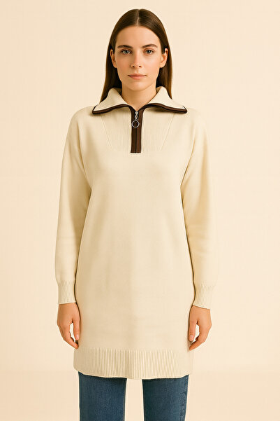 Nuevo Krem Triko Kadın Fermuarlı Üst - ŞIK BASİC KOLAY KOMBİNLENİR-