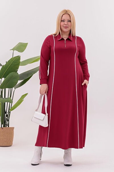 Siyezen Plus Size Striped Detail Polo Neck Dress