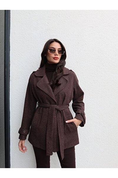 ESRAHELVACI Short Cashmere Coat with Sleeve Epaulettes and Tie