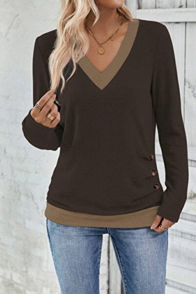 Mossta Long Sleeve Buttoned Wool Viscose Blouse - Brown