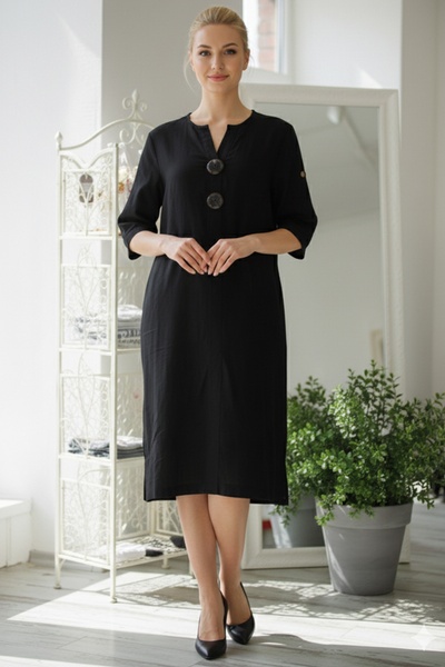 Chiccy Italian Black Buttoned 3/4 Sleeve Hidden Pocket Y Slit Slim Fi Corded Fabric Adife Long Woven Dress 120 55