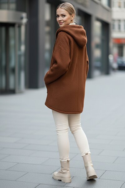 Chiccy Italian Cinnamon Color K Hooded Long Sleeve Casual Boucle O Oversized Woven Jacket with Zipper Pockets 75 80