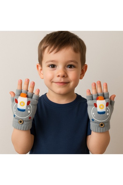 gigigiyim Roket Desenli Kapaklı Erkek Çocuk Peluş Parmaksız Eldiven