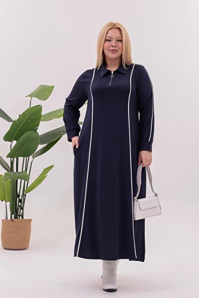 Siyezen Plus Size Striped Detail Polo Neck Dress