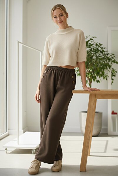Chiccy Italian Brown Pocketed Elastic Waist Wide Leg Slim Fi Corded Fabric Adife Woven Trousers 100 62