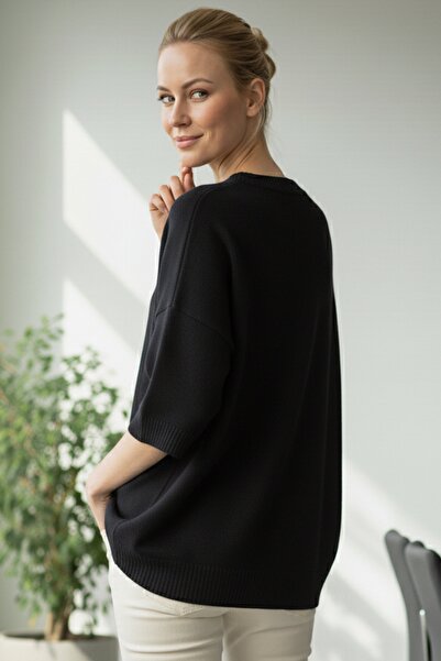 Chiccy Italian Black Crew Neck Short Sleeve Casual Acrylic Wide Cut O Oversized Knitwear Sweater 73 65