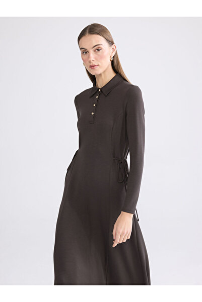 LC Waikiki Lcwaikiki Classic Brown Shirt Collar Waist Lace-Up Dress
