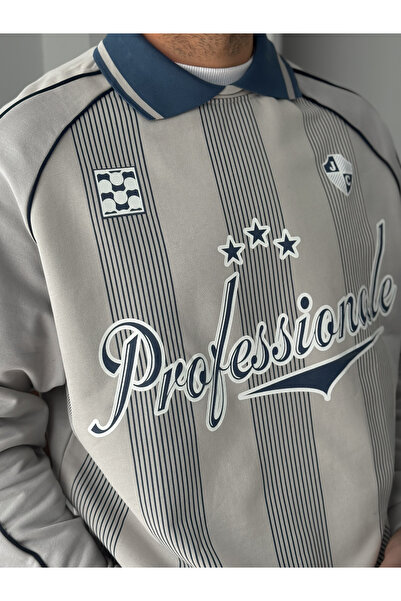 BYBASICMAN Gray Striped Printed Collar Sweatshirt Jj-128