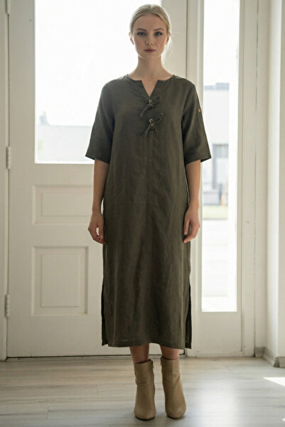 Chiccy Italian Khaki Buttoned 3/4 Sleeve Hidden Pocket Y Slit Slim Fi Corded Fabric Adife Long Woven Dress 120 55