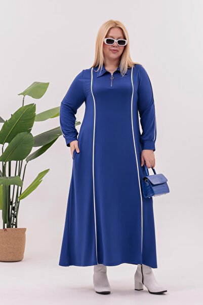 Siyezen Plus Size Striped Detail Polo Neck Dress