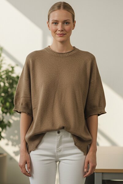 Chiccy Italian Milk Brown Crew Neck Short Sleeve Acrylic Wide Cut O Oversized Knitwear Sweater 73 65
