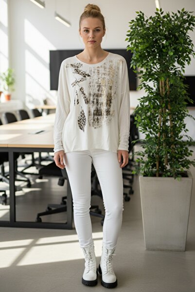 Chiccy Italian Ecru Pool Neckline Long Sleeve Thin Varak Ba Printed Asual Angora Ov Oversized Riko Blouse 68 76