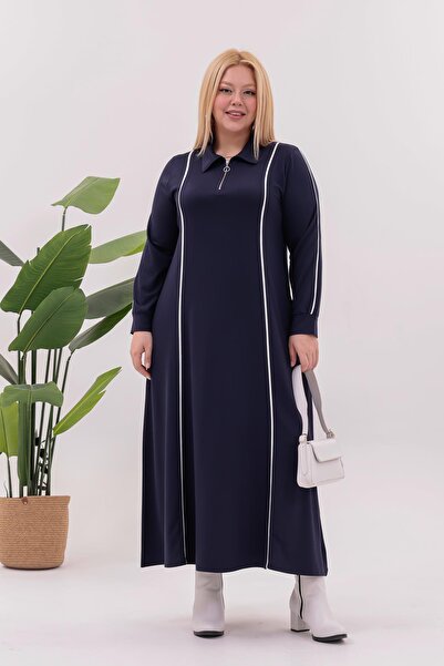 Siyezen Plus Size Striped Detail Polo Neck Dress