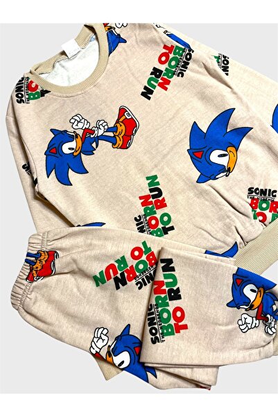 ALİŞ KİDS Boy's Cotton Fleece-Lined Beige Color Sonic Patterned Long Sleeve Winter Pajamas Set