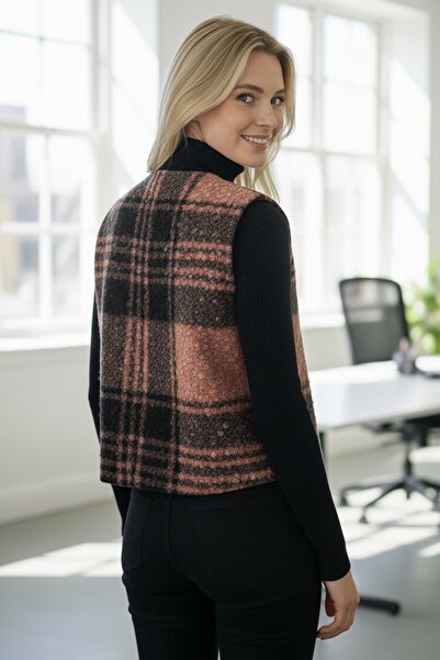 Chiccy Italian Black-Pink V-Neck Sleeveless Plaid No Closure Thick Casual Acrylic Woven Vest 64 54