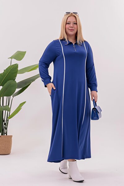 Siyezen Plus Size Striped Detail Polo Neck Dress