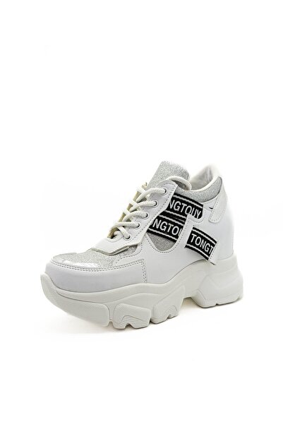 GDT Ayakkabı White Color Silver Glitter Skin Hidden Wedge Heel Women's Sneake...