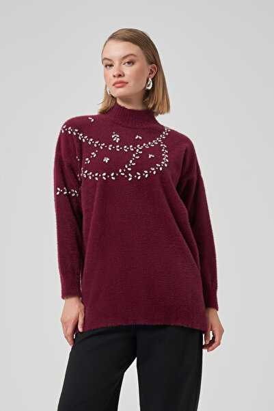 Nuss Stone Detail Angora Sweater Tunic 7002 Claret Red