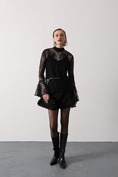 cemo Dantelli Mock Neck Long Sleeve Spanish Sleeve Stone Detailed Blouse