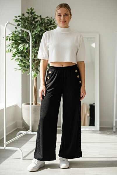 Chiccy Italian Black Pocketed Elastic Waist Wide Leg Slim Fi Corded Fabric Adife Woven Trousers 100 62