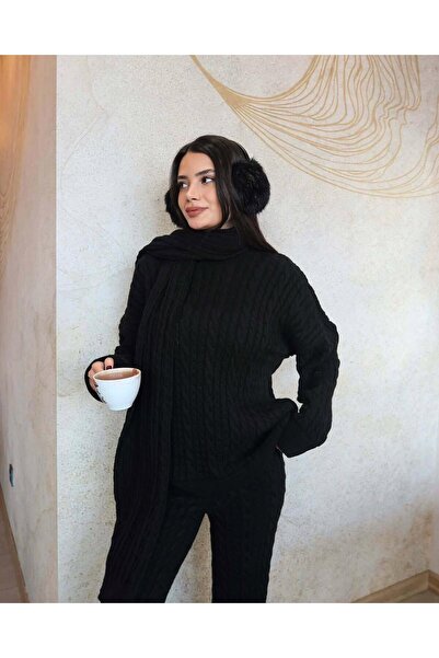 GALAVİP Women's Premium Soft Textured Scarf Hair Braided Knitwear Trouser Set