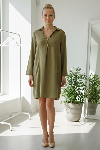 Chiccy Italian Mustard Color Shirt Collar Long Sleeve Buttoned Pocketed Slim Fi Corded Fabric Adife Woven Dress 100 55