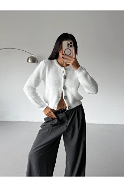 ossons Plush Cardigan with Silver Button Detail