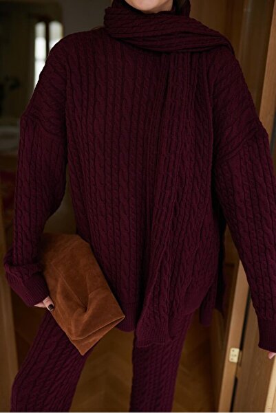 GALAVİP Women's Premium Soft Textured Scarf Hair Braided Knitwear Trouser Set