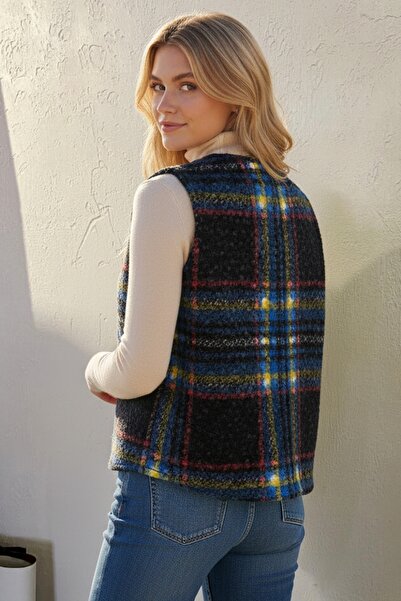 Chiccy Italian Black V-Neck Sleeveless Plaid No Closure Thick Casual Acrylic Woven Vest 64 54