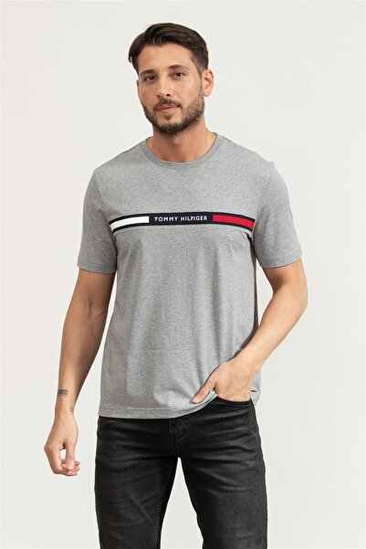 Tommy Hilfiger Hilfiger Chest Insert Tee Erkek Bisiklet Yaka T-Shirt Gri