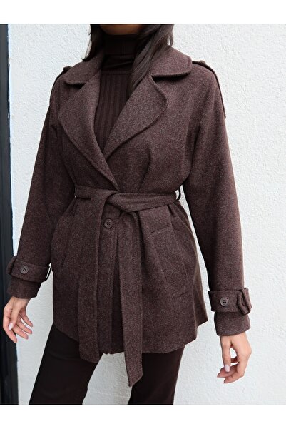 ESRAHELVACI Short Cashmere Coat with Sleeve Epaulettes and Tie