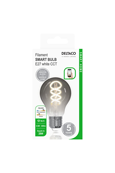 DELTACO SMART HOME spiral LED smart bulb, E27, WiFI 2.4GHz, 5.5W, 300lm, adjustable, Black
