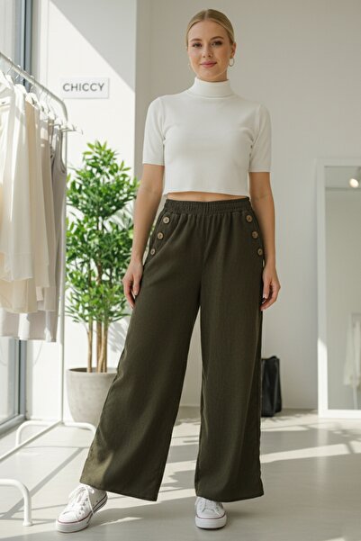 Chiccy Italian Khaki Pocketed Elastic Waist Wide Leg Slim Fi Corded Fabric Adife Woven Trousers 100 62