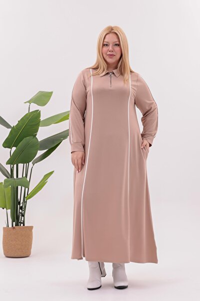 Siyezen Plus Size Striped Detail Polo Neck Dress