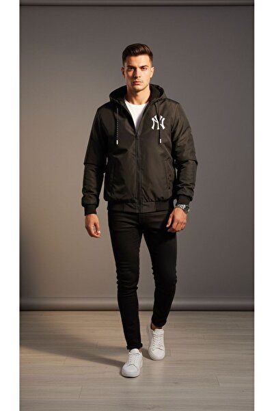 Plus Scorpion Casual Hooded Jacket in Black, With Zipper and NY-Style Sporty Print.