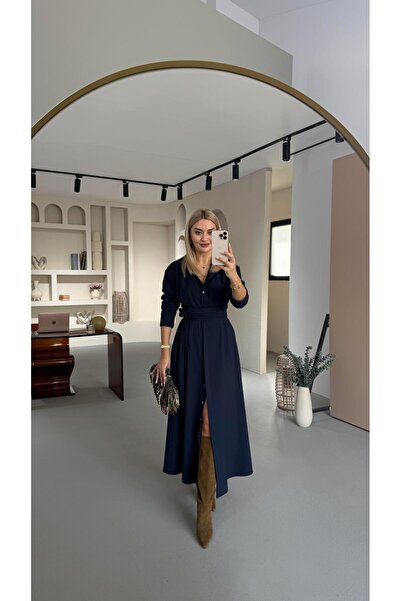 Sezgi Tekin Bel Bağlama Detay Boydan Düğmeli Lacivert Çan Elbise