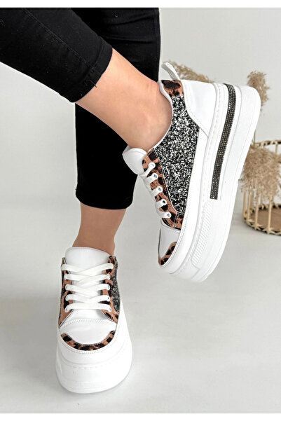 ALFA AKSESUAR 03 Lawin White Skin Black Glitter Lace-Up Sneakers