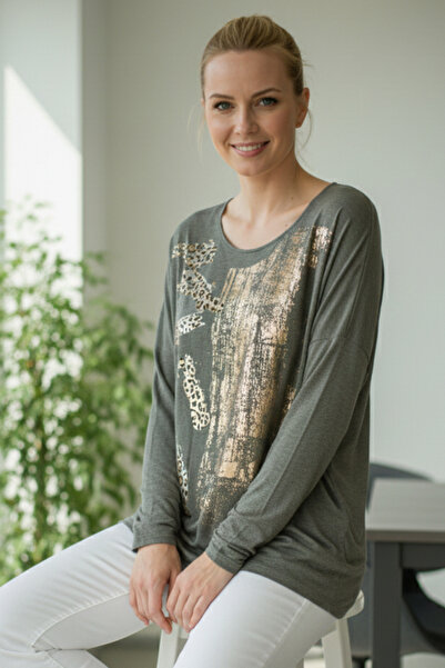 Chiccy Italian Khaki Pool Collar Long Sleeve Thin Varak Ba Printed Asual Angora Ov Oversized Riko Blouse 68 76