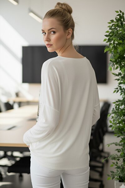 Chiccy Italian Ecru Pool Neckline Long Sleeve Thin Varak Ba Printed Asual Angora Ov Oversized Riko Blouse 68 76