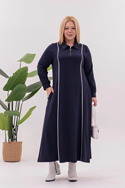 Siyezen Plus Size Striped Detail Polo Neck Dress