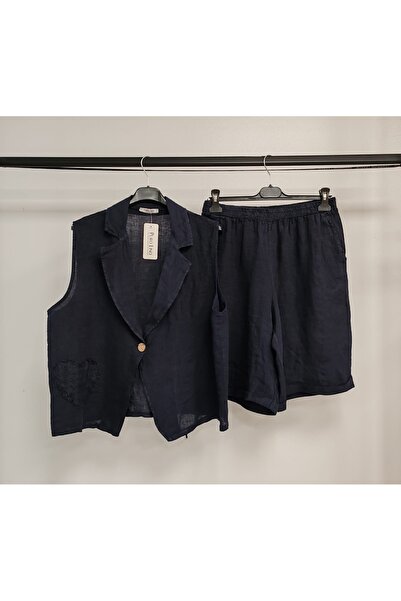 della moor Γυναικείο Σετ Λινό Σορτς και Σακάκι Ιταλικού Στυλ Ναυτικό Μπλε