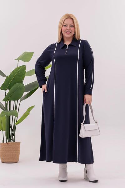 Siyezen Plus Size Striped Detail Polo Neck Dress