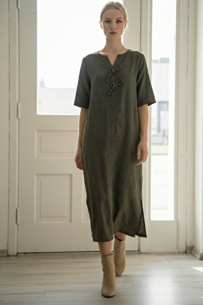 Chiccy Italian Khaki Buttoned 3/4 Sleeve Hidden Pocket Y Slit Slim Fi Corded Fabric Adife Long Woven Dress 120 55