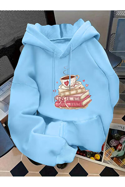 Trendy Sun Şık kitap ve kahve fincanı baskılı kapüşonlu sweatshirt. 3 iplik y...