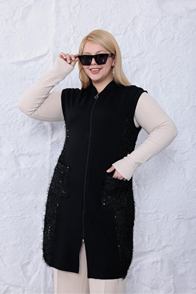 Siyezen Plus Size Bearded Sequin Embroidered Vest