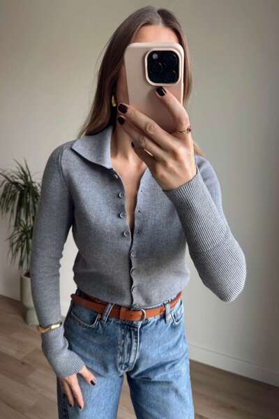 Sue Store Gray Button-Front Shirt Collar Sweater