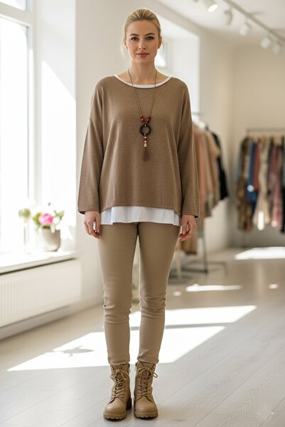 Chiccy Italian Milk Brown Boat Neck Long Sleeve Two-Piece Set with Necklace Casual Ov Oversized Riko Blouse 71 71